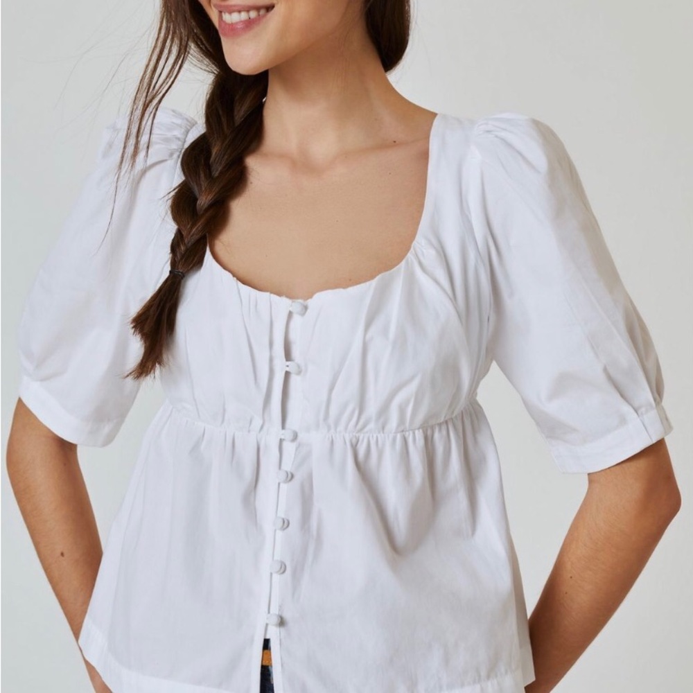 Anthropologie White Button-Up Blouse with Puff Sleeves